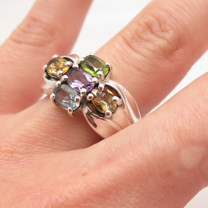 925 Sterling Silver Vintage Amethyst Citrine Peridot Topaz Gem Ring Size 7.25