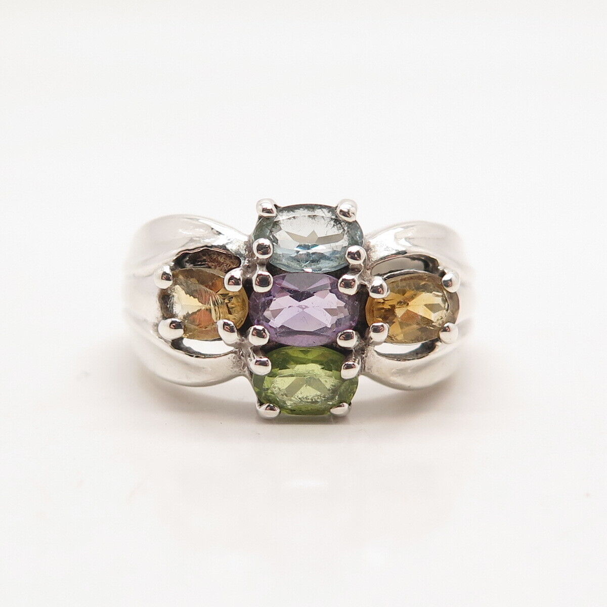 925 Sterling Silver Vintage Amethyst Citrine Peridot Topaz Gem Ring Size 7.25