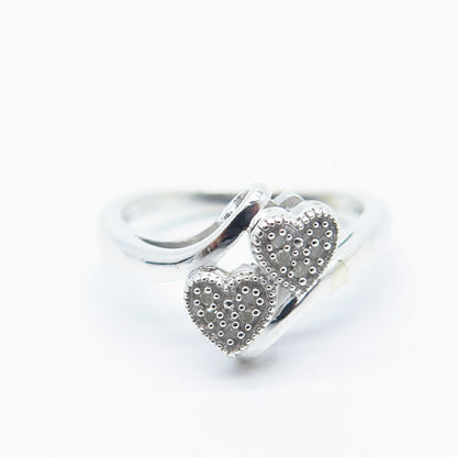 925 Sterling Silver Real White Diamond Couple of Hearts Ring Size 6.75