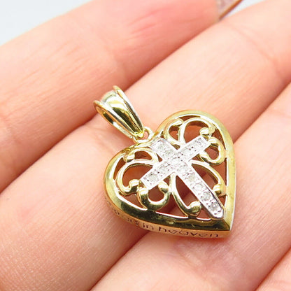 925 Sterling Silver 2-Tone Real White Diamond Cross Ornate Heart Pendant