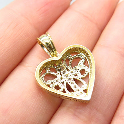 925 Sterling Silver 2-Tone Real White Diamond Cross Ornate Heart Pendant