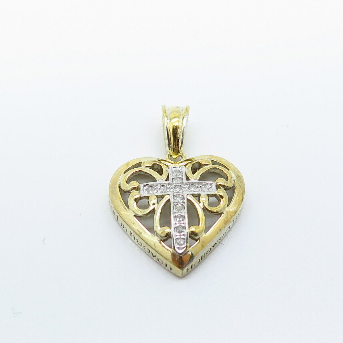 925 Sterling Silver 2-Tone Real White Diamond Cross Ornate Heart Pendant