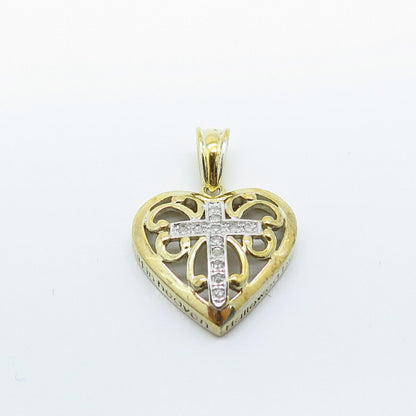 925 Sterling Silver 2-Tone Real White Diamond Cross Ornate Heart Pendant