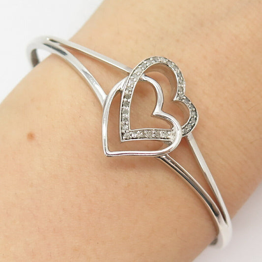 925 Sterling Silver Real Diamond Double Heart Cuff Bracelet 7"