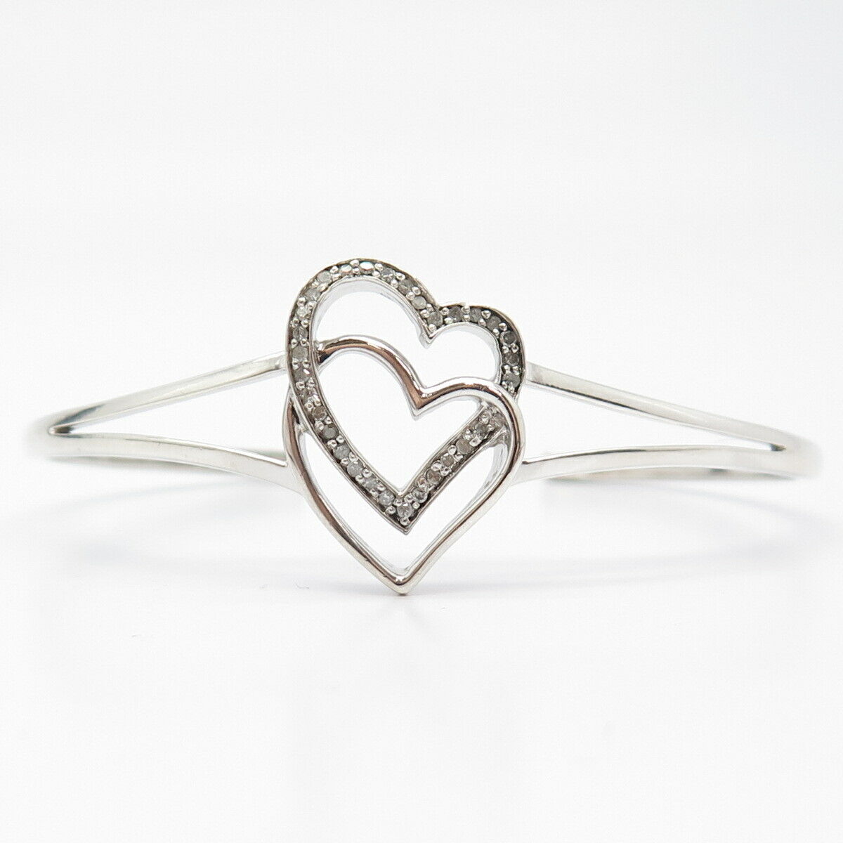 925 Sterling Silver Real Diamond Double Heart Cuff Bracelet 7"