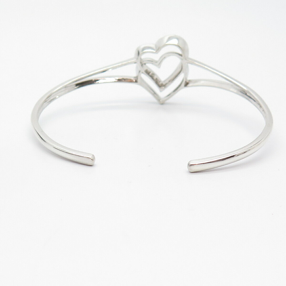 925 Sterling Silver Real Diamond Double Heart Cuff Bracelet 7"