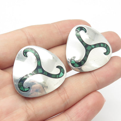 925 Sterling Silver Vintage Mexico Real Malachite Gem Knot Clip On Earrings