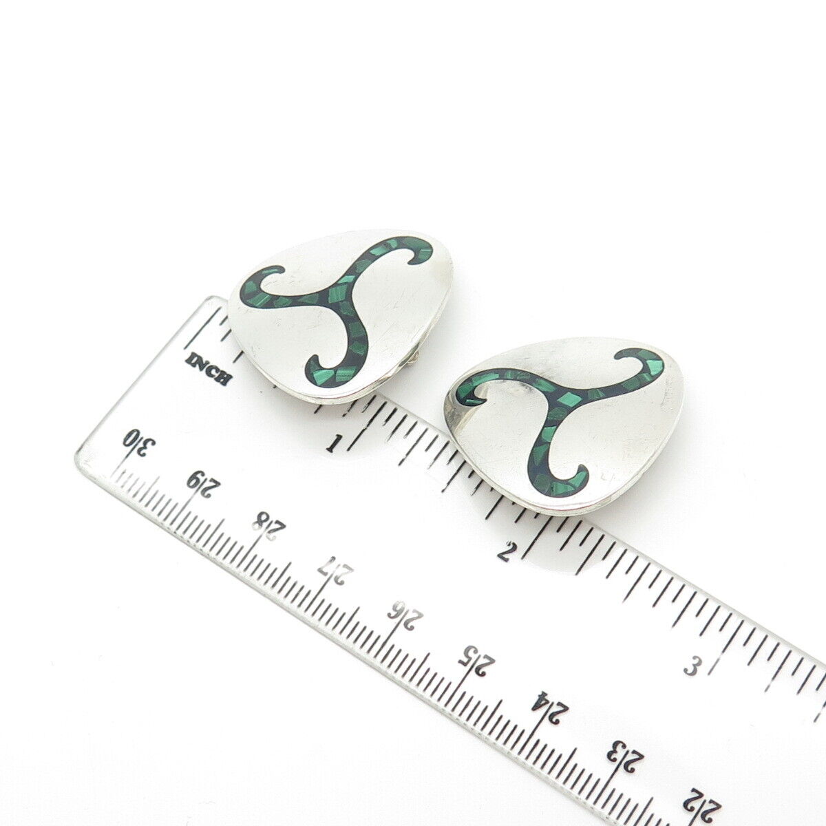 925 Sterling Silver Vintage Mexico Real Malachite Gem Knot Clip On Earrings