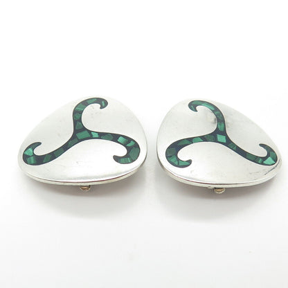 925 Sterling Silver Vintage Mexico Real Malachite Gem Knot Clip On Earrings