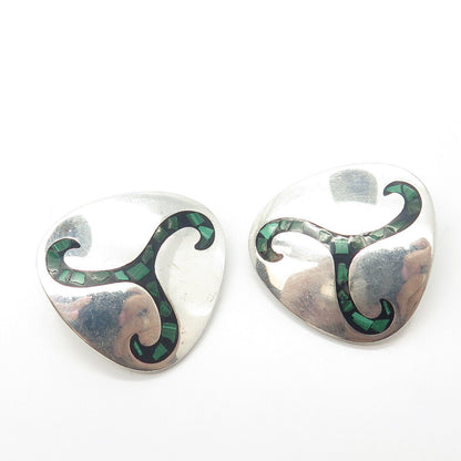 925 Sterling Silver Vintage Mexico Real Malachite Gem Knot Clip On Earrings