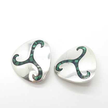 925 Sterling Silver Vintage Mexico Real Malachite Gem Knot Clip On Earrings