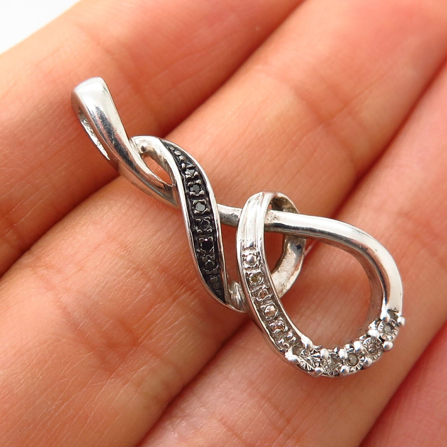 925 Sterling Silver Real White & Black Diamond Knot Design Slide Pendant