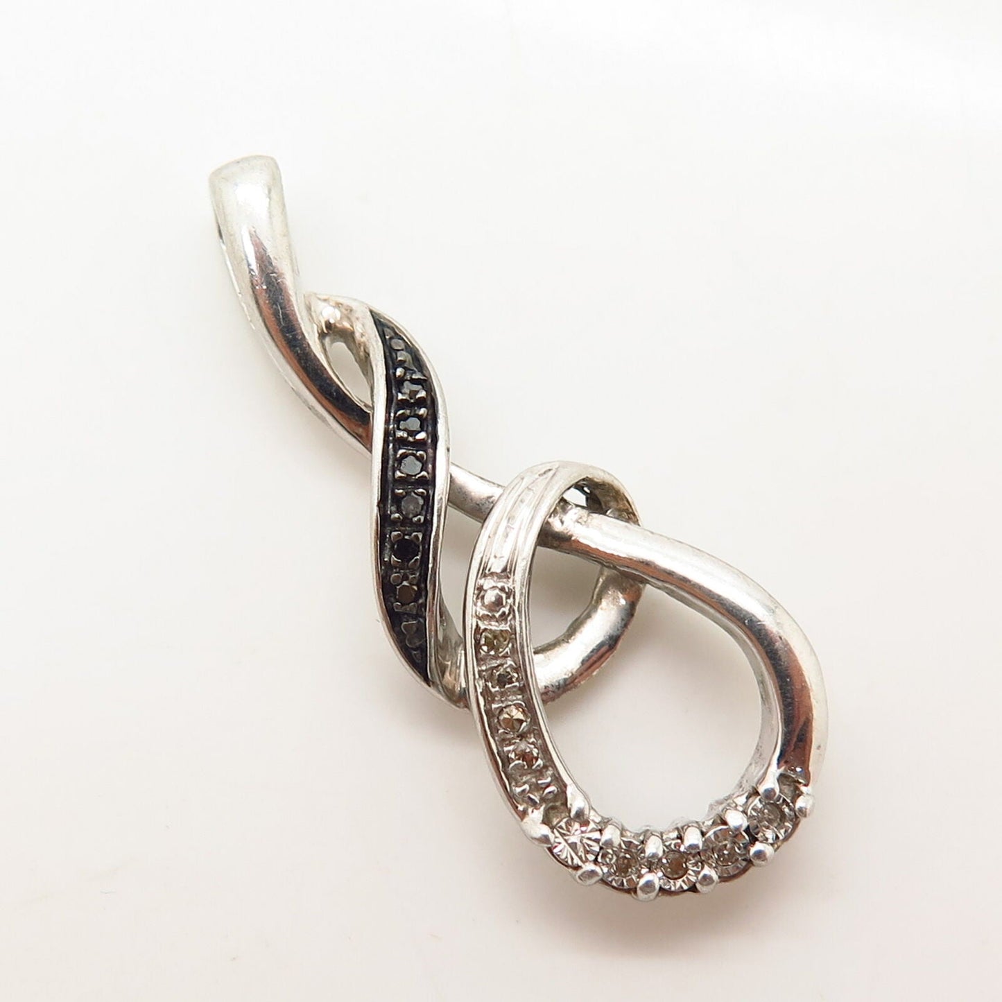 925 Sterling Silver Real White & Black Diamond Knot Design Slide Pendant