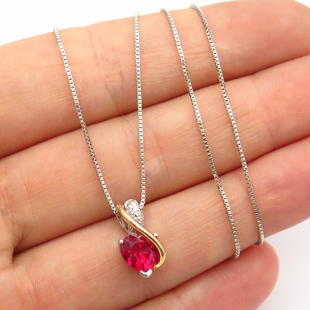 925 Sterling / 14K Diamond Accent & Lab-Created Ruby Heart Pendant Necklace 17"