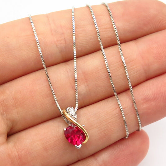 925 Sterling / 14K Diamond Accent & Lab-Created Ruby Heart Pendant Necklace 17"