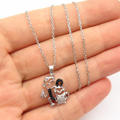 925 Sterling Silver Real Diamond Monkey Family Pendant Chain Necklace 18"