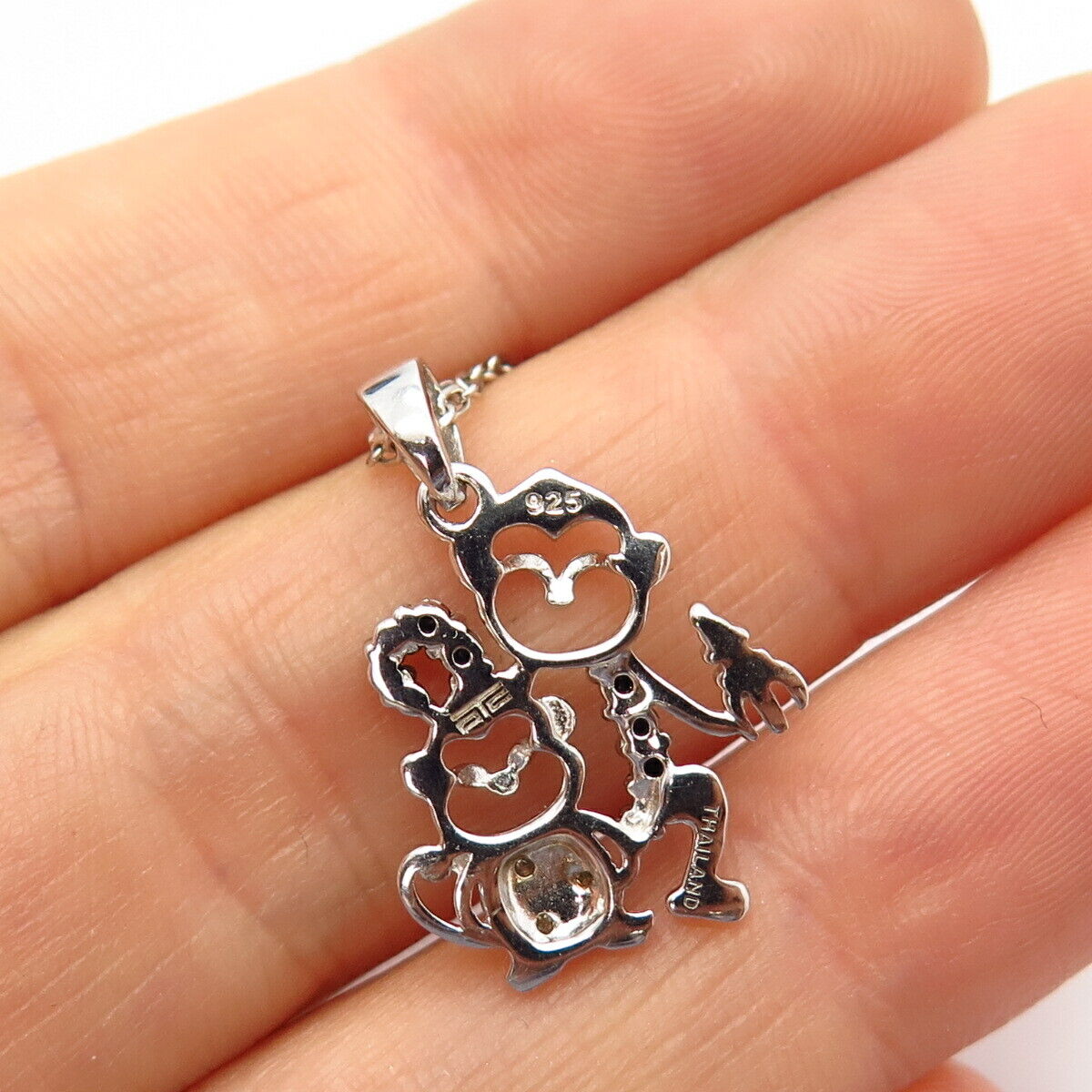 925 Sterling Silver Real Diamond Monkey Family Pendant Chain Necklace 18"