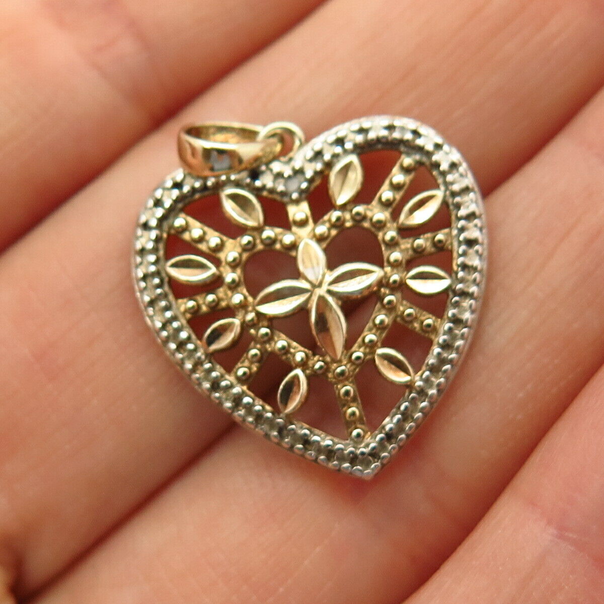 925 Sterling Silver 2-Tone Real Diamond Accent Ornate Heart Design Pendant