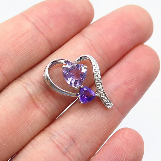 925 Sterling Silver Real Diamond Accent & Amethyst Gemstone Heart Slide Pendant