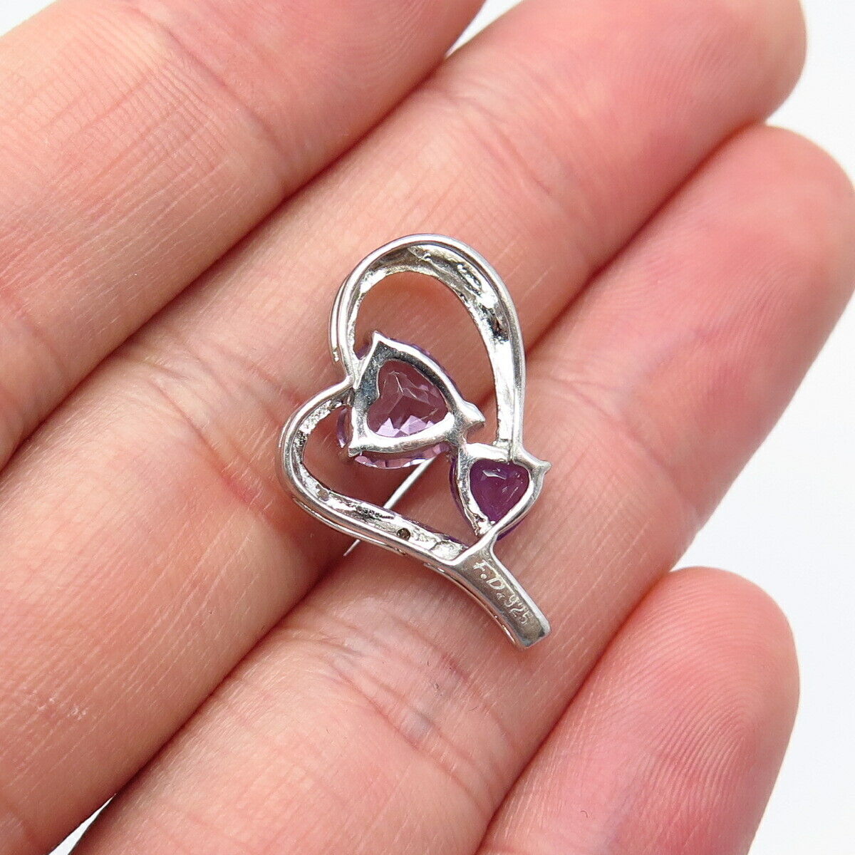 925 Sterling Silver Real Diamond Accent & Amethyst Gemstone Heart Slide Pendant