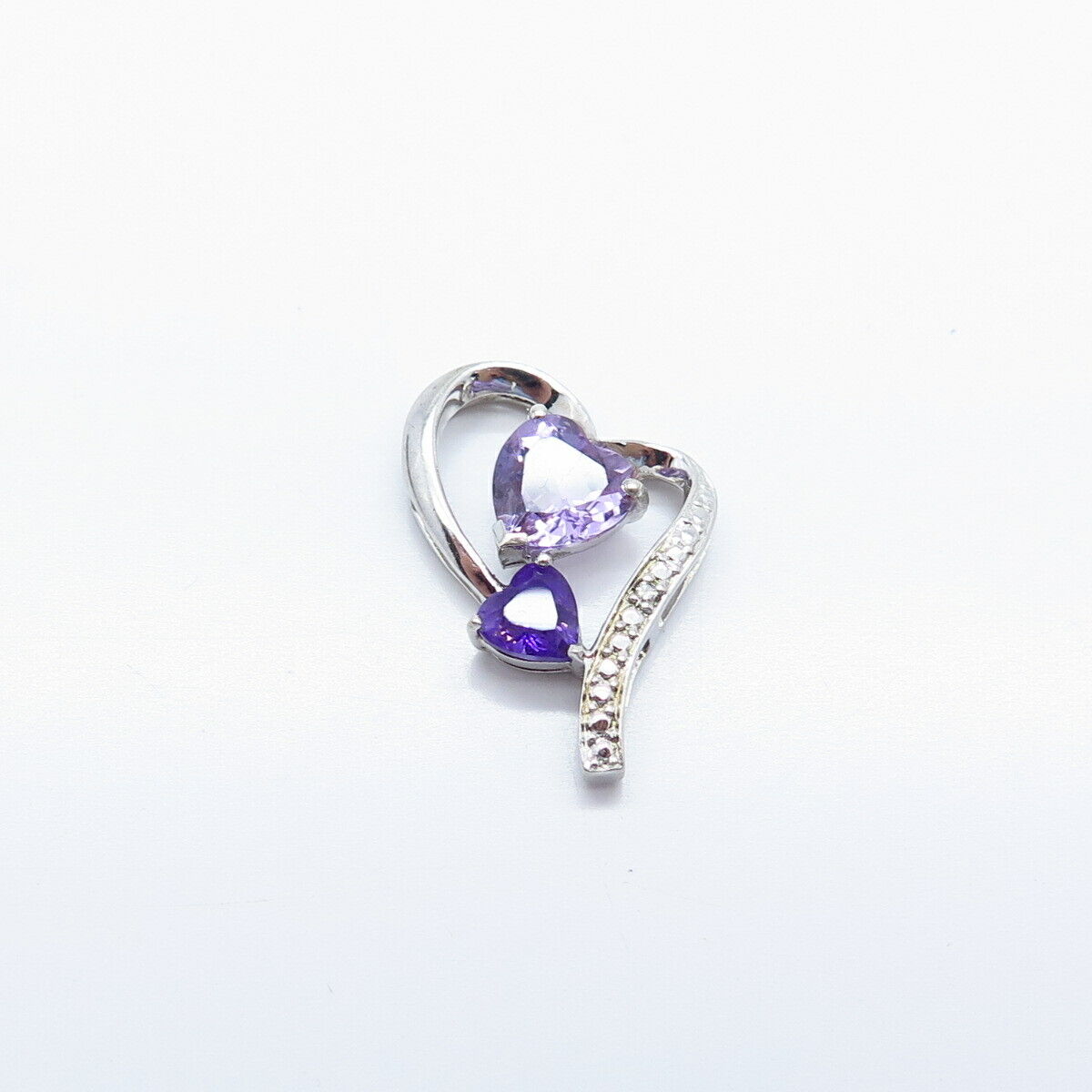 925 Sterling Silver Real Diamond Accent & Amethyst Gemstone Heart Slide Pendant