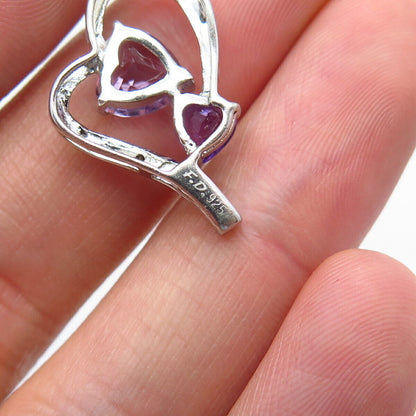 925 Sterling Silver Real Diamond Accent & Amethyst Gemstone Heart Slide Pendant