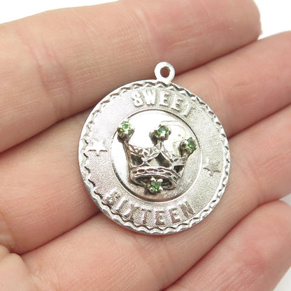 925 Sterling Silver Vintage Real Peridot Sweet Sixteen Crown Round Tag Pendant