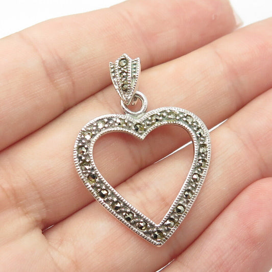 925 Sterling Silver Vintage Real Marcasite Gemstone Open Heart Pendant