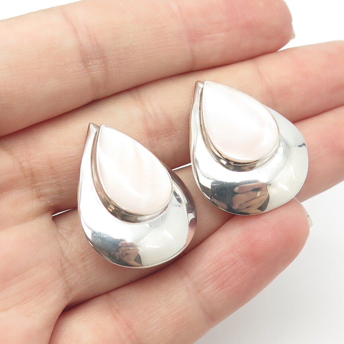 925 Sterling Silver Vintage Boma Real Mother-of-Pearl Teardrop Clip On Earrings