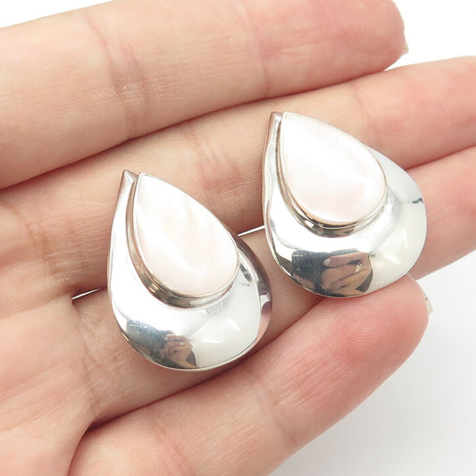 925 Sterling Silver Vintage Boma Real Mother-of-Pearl Teardrop Clip On Earrings