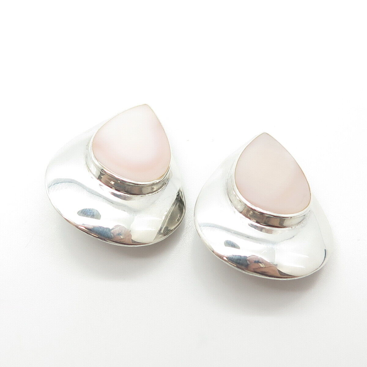 925 Sterling Silver Vintage Boma Real Mother-of-Pearl Teardrop Clip On Earrings