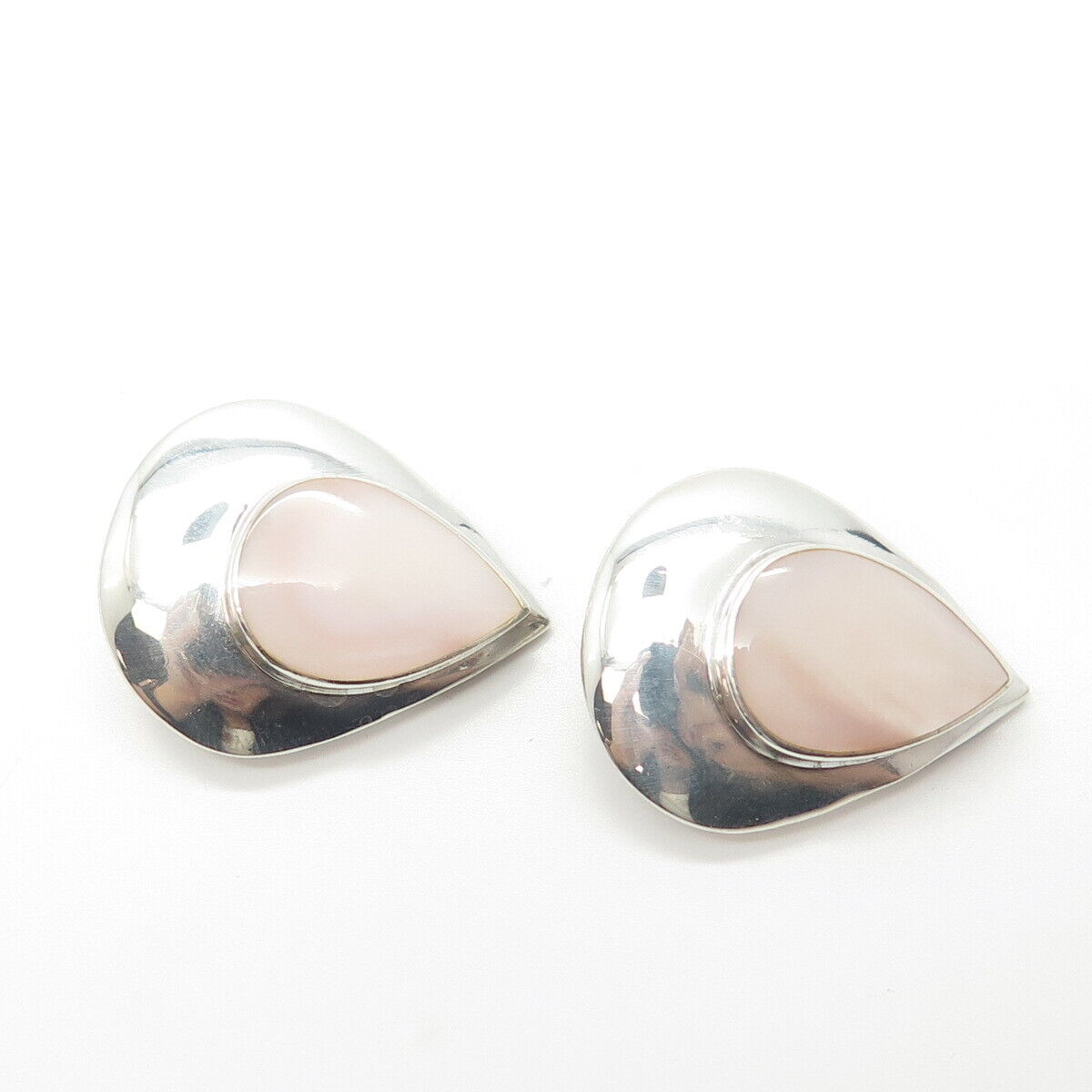 925 Sterling Silver Vintage Boma Real Mother-of-Pearl Teardrop Clip On Earrings