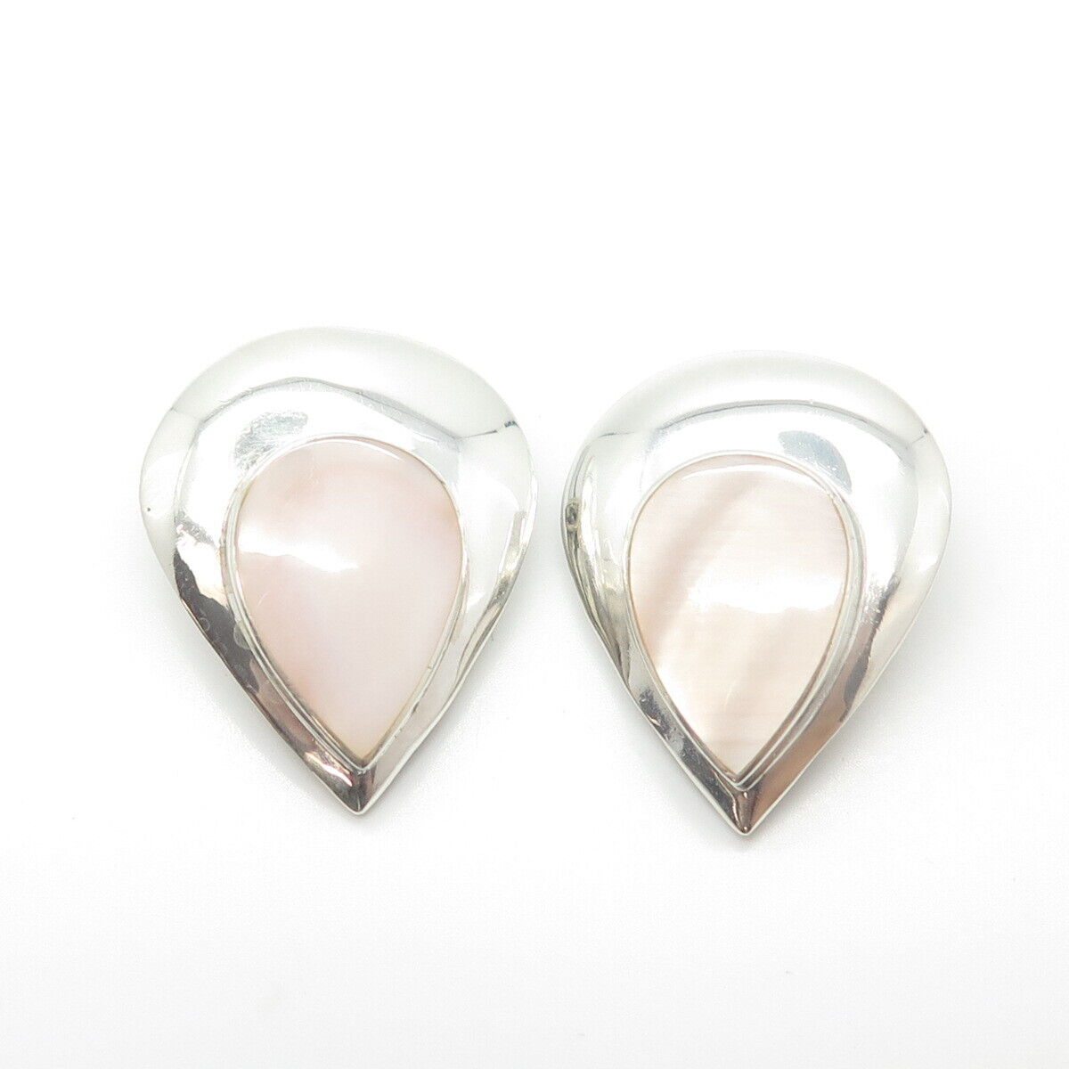 925 Sterling Silver Vintage Boma Real Mother-of-Pearl Teardrop Clip On Earrings