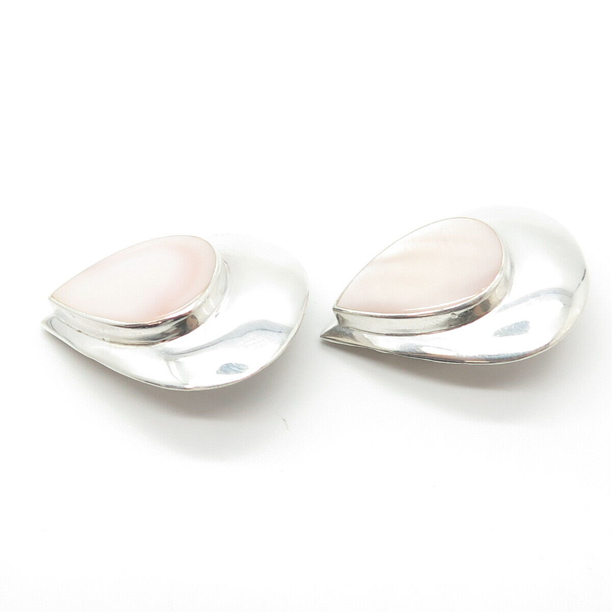 925 Sterling Silver Vintage Boma Real Mother-of-Pearl Teardrop Clip On Earrings