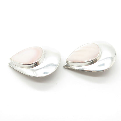 925 Sterling Silver Vintage Boma Real Mother-of-Pearl Teardrop Clip On Earrings