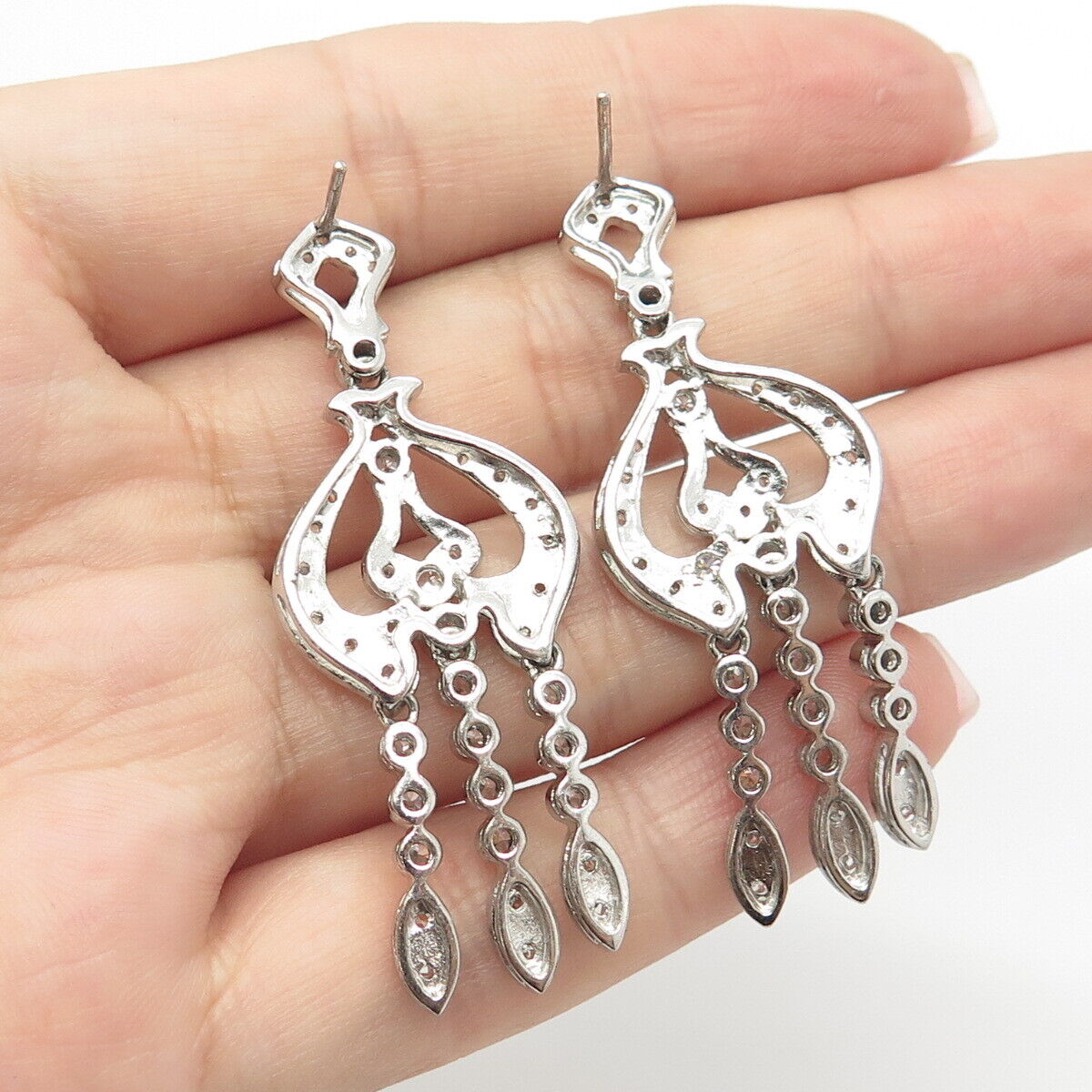 925 Sterling Silver Vintage Pave C Z Chandelier Dangling Earrings