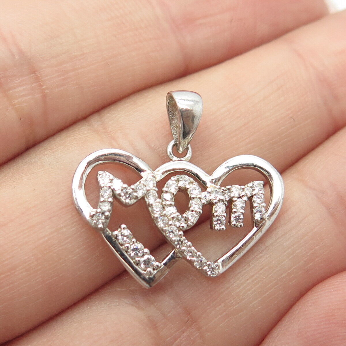 925 Sterling Silver C Z "Mom" Couple of Heart Pendant