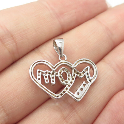 925 Sterling Silver C Z "Mom" Couple of Heart Pendant