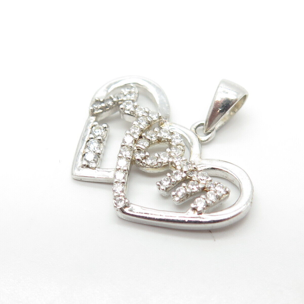 925 Sterling Silver C Z "Mom" Couple of Heart Pendant