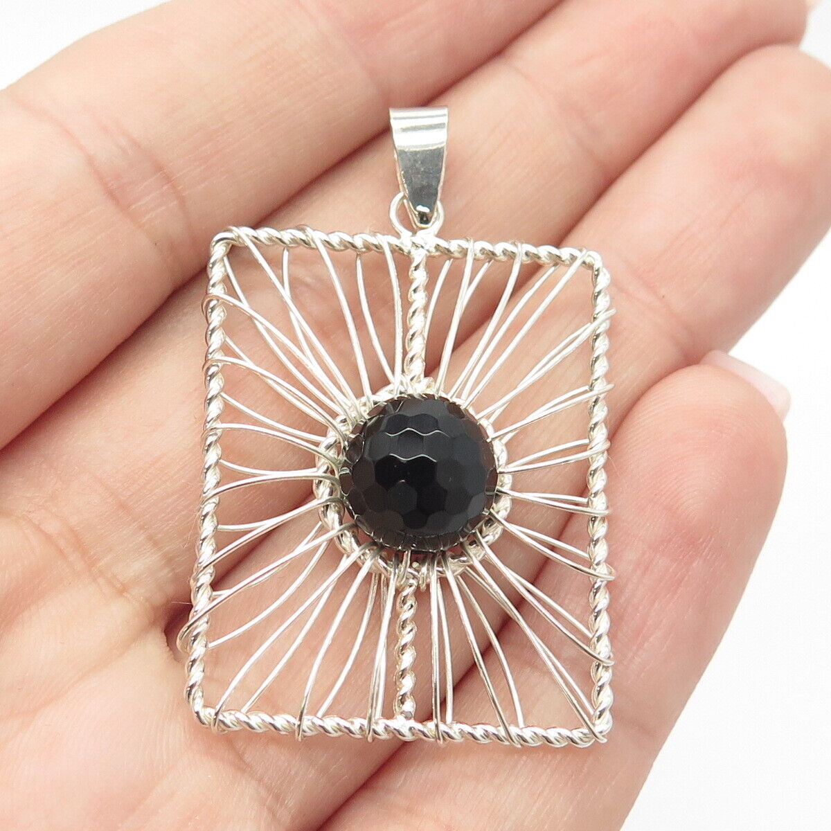 925 Sterling Silver Vintage Real Black Spinel Gemstone Pendant