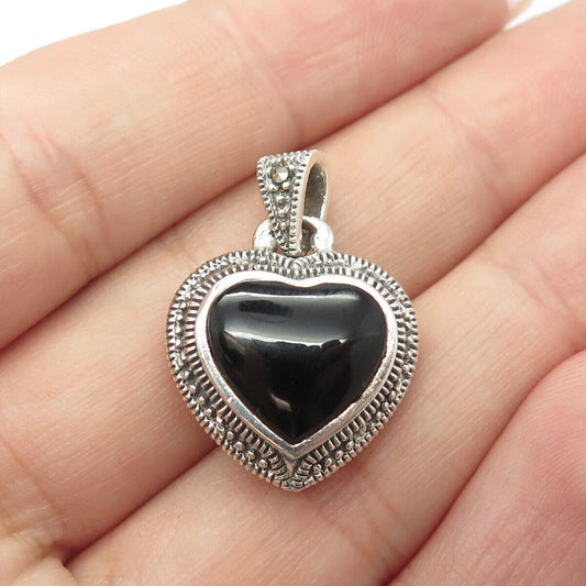 925 Sterling Silver Vintage Real Black Onyx & Marcasite Heart Pendant