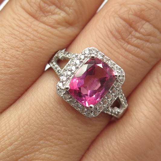 925 Sterling Silver Real White Topaz Gemstone & Pink C Z Ring Size 8