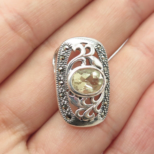 925 Sterling Silver Vintage Real Citrine & Marcasite Gemstone Slide Pendant