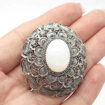 800 Silver Vintage Real White Opalite Gemstone Filigree Pin Brooch / Pendant