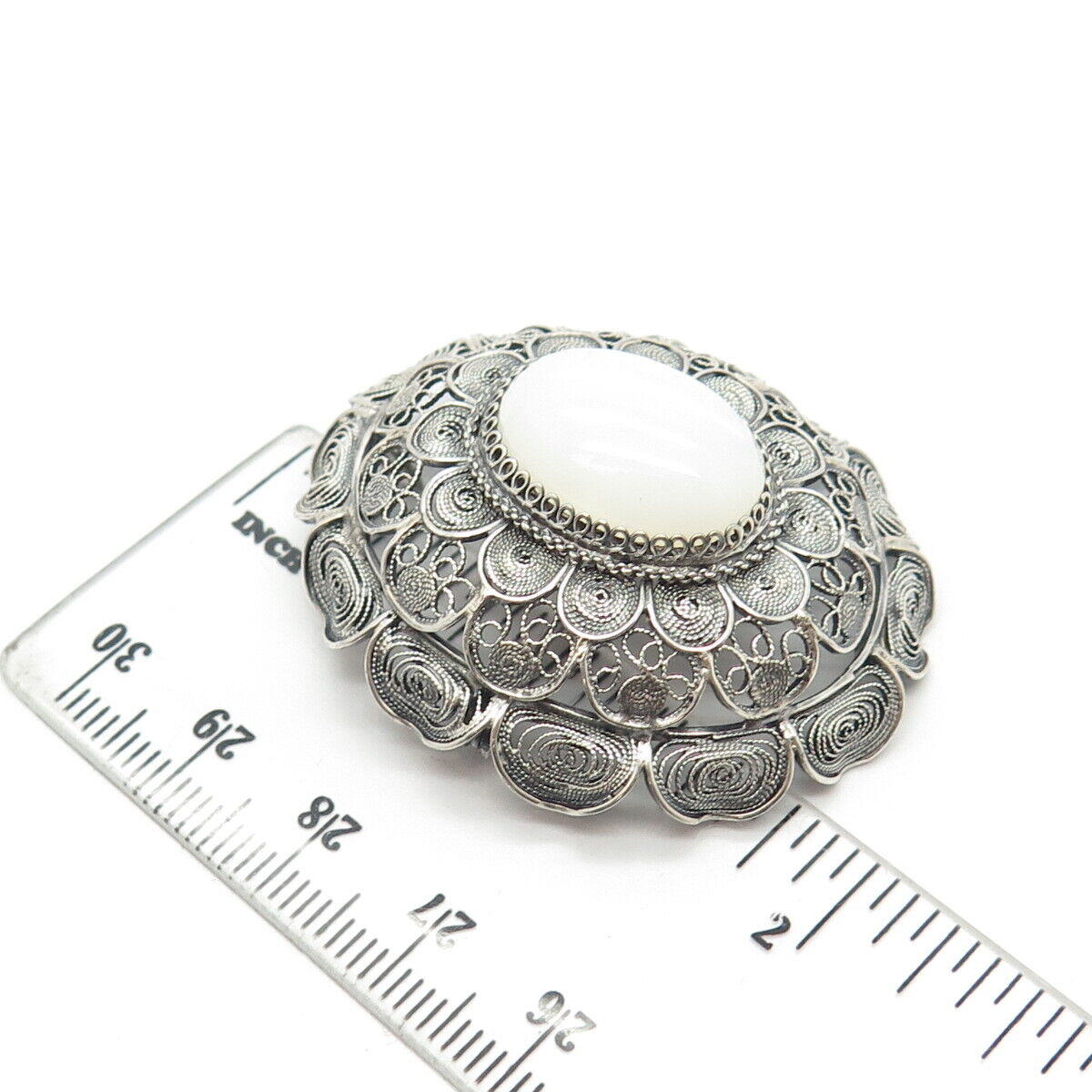 800 Silver Vintage Real White Opalite Gemstone Filigree Pin Brooch / Pendant