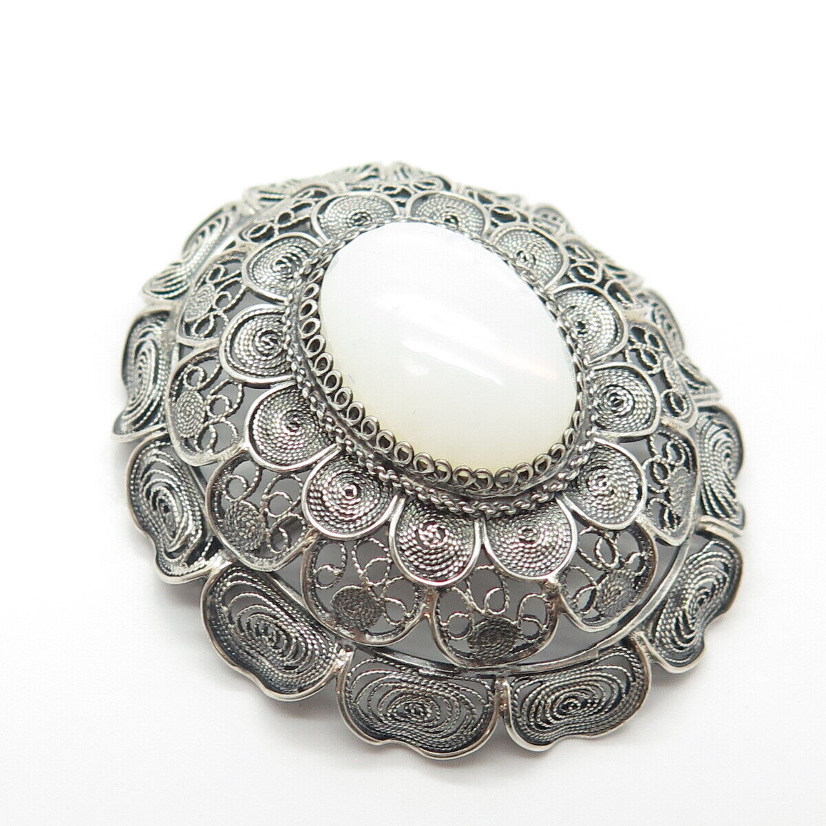 800 Silver Vintage Real White Opalite Gemstone Filigree Pin Brooch / Pendant