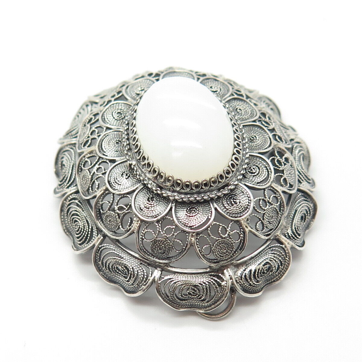 800 Silver Vintage Real White Opalite Gemstone Filigree Pin Brooch / Pendant