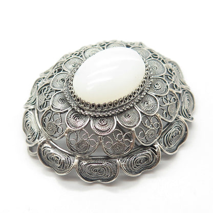 800 Silver Vintage Real White Opalite Gemstone Filigree Pin Brooch / Pendant