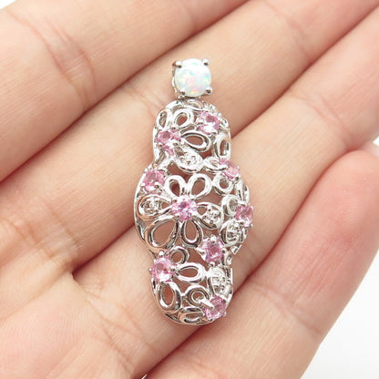 925 Sterling Silver Lab Pink Sapphire Opal & C Z Floral Cloud Pendant