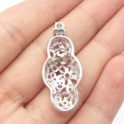 925 Sterling Silver Lab Pink Sapphire Opal & C Z Floral Cloud Pendant